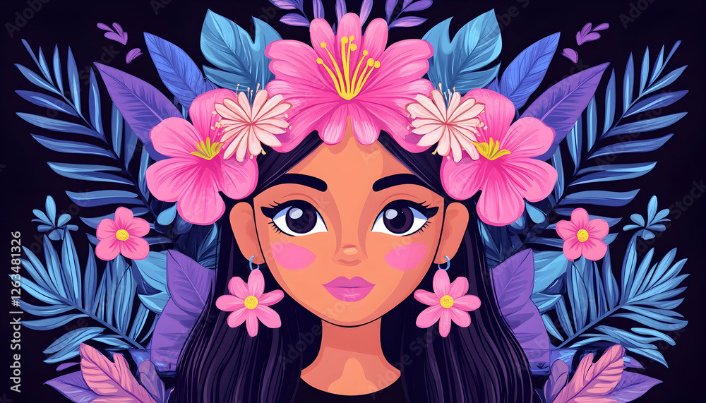 Naklejka premium Girl with floral crown portrait. Botanical vector design for summer or festival art. Generative AI