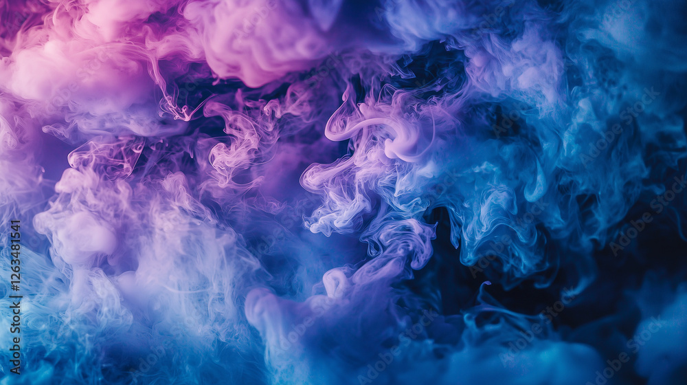 Fototapeta premium Dancing Ink Haze – Shadowy, mist-like ink droplets elegantly unfurling and spiraling in liquid, merging rich indigos, violets, and charcoals for a mysterious, entrancing allure