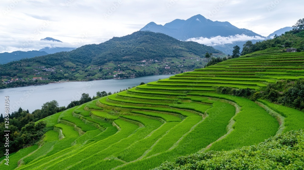 Fototapeta premium Rice terraces, lake, mountains, rural China, travel