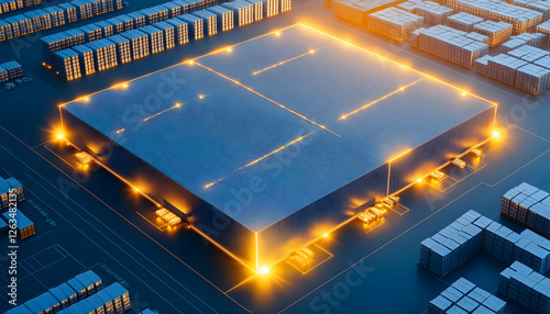 Large Building with Lights, storage crates nearby, abstract view for infrastructure. Generative AI