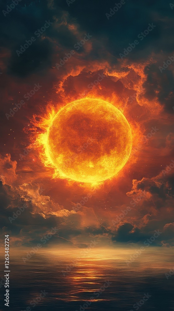 Obraz premium Fiery sun glows above the ocean amidst dramatic clouds