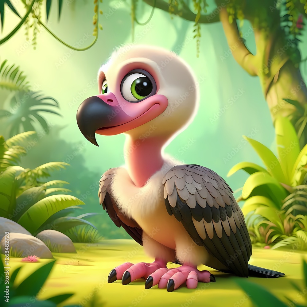 A cheerful cartoon vulture in a vibrant jungle, surrounded by lush greenery and bright colors. A cheerful cartoon vulture in a vibrant jungle, surrounded by lush greenery and bright colors.
