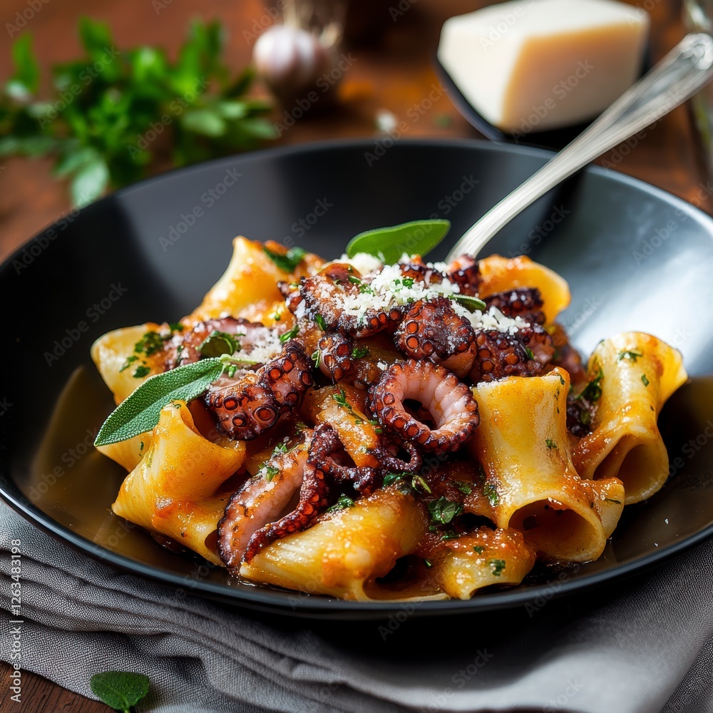 The plate of fettuccine pasta with octopus and seafood in a creamy white wine sauce, garnished with fresh greens and Parmesan.
The plate of fettuccine pasta with octopus and seafood in a creamy white wine sauce, garnished with fresh greens and Parmesan.