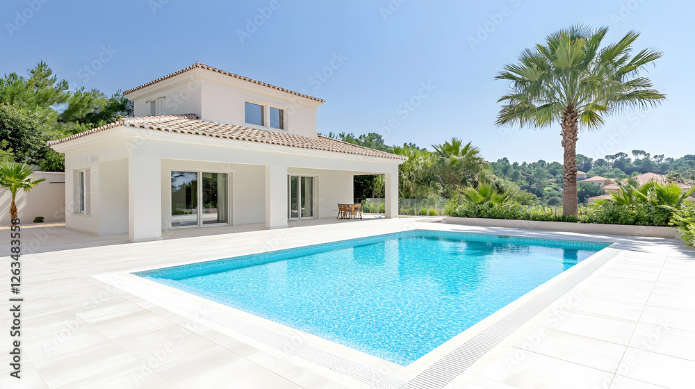 Fototapeta premium Poolside luxury Modern home exterior with serene pool. Estate, travel ad. Generative AI