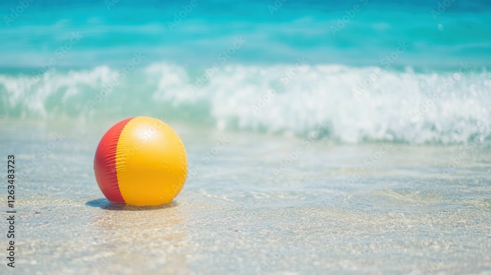 Obraz premium A colorful ball rests on the sandy beach, close to the gentle waves of the water, capturing a serene coastal moment.