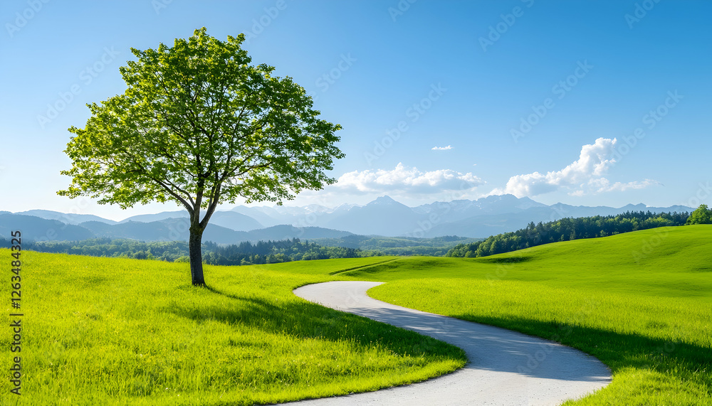 Fototapeta premium Serene path winding through fields with lone tree and mountain backdrop for peace. Generative AI
