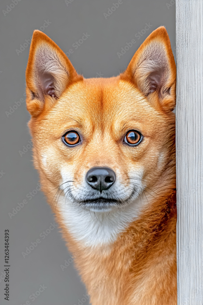 Obraz premium Shiba Inu portrait at home, peeking behind a door. Pet photography, adoption. Generative AI