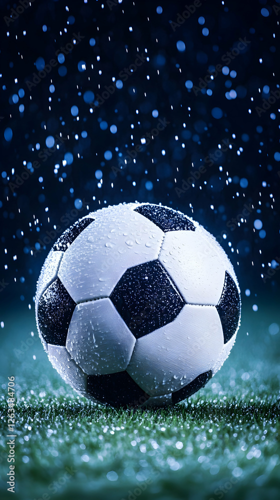 Fototapeta premium Soccer ball on grass in the rain. Sport, recreation, and background use. Generative AI