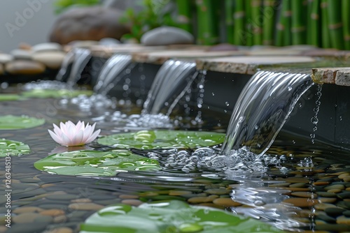 Small cascading waterfalls in Japanese garden pond adorned with pink lotus and smooth pebbles, framed by lush bamboo, reflecting tranquility, natural harmony, and serene water design. photo