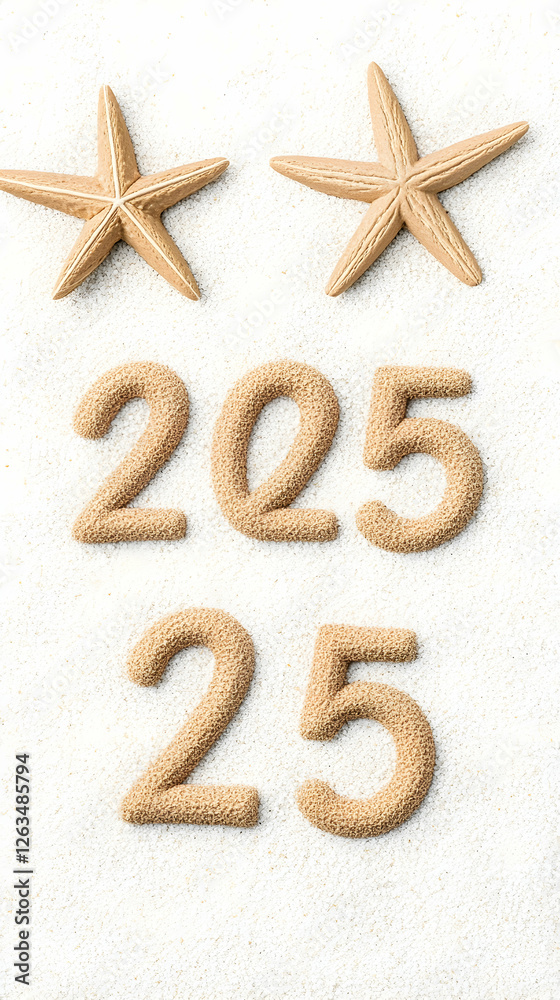 Two starfish with sand numeric shapes, summer scene, vacation ad for a beach. Generative AI Two starfish with sand numeric shapes, summer scene, vacation ad for a beach. Generative AI