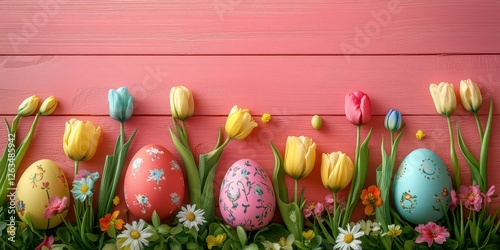 Colorful Easter eggs and vibrant flowers arranged beautifully on a pink wooden background photo