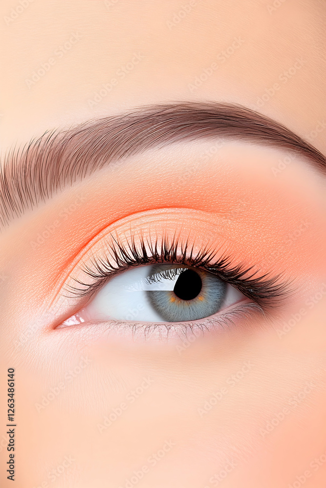 Woman eye makeup close-up; orange eyeshadow, long lashes; beauty shot. Generative AI Woman eye makeup close-up; orange eyeshadow, long lashes; beauty shot. Generative AI