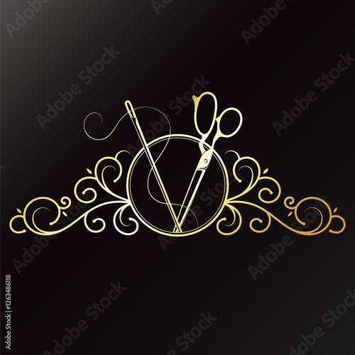 Needle and thread, scissors and pattern. Gold banner sign frame for sewing