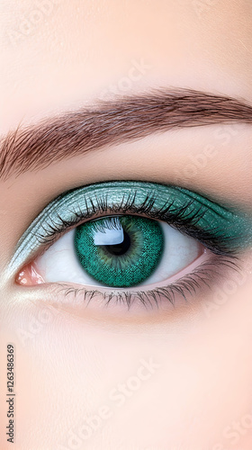 Woman's emerald eye close-up with green shadow. Beauty concept, fashion design. Generative AI photo