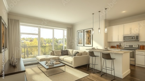 Modern apartment living room with city view  kitchen and balcony