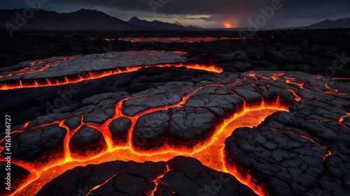 Abstract patterns of flowing lava forming intricate glowing fissures in cooled volcanic terrain.