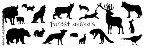 Forest animals. Silhouettes of animals living in the forest. Animal shadows. Bear, wolf, fox, squirrel, lynx, pheasant, hare, weasel, hedgehog, deer, wild boar