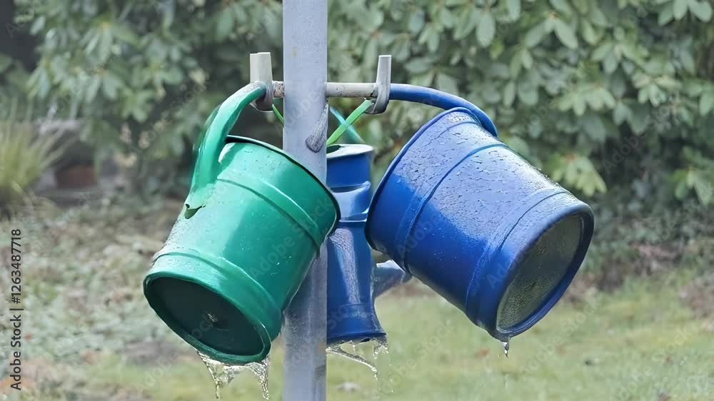 Green and blue watering cans hanging on a metal pole and swinging Green and blue watering cans hanging on a metal pole and swinging