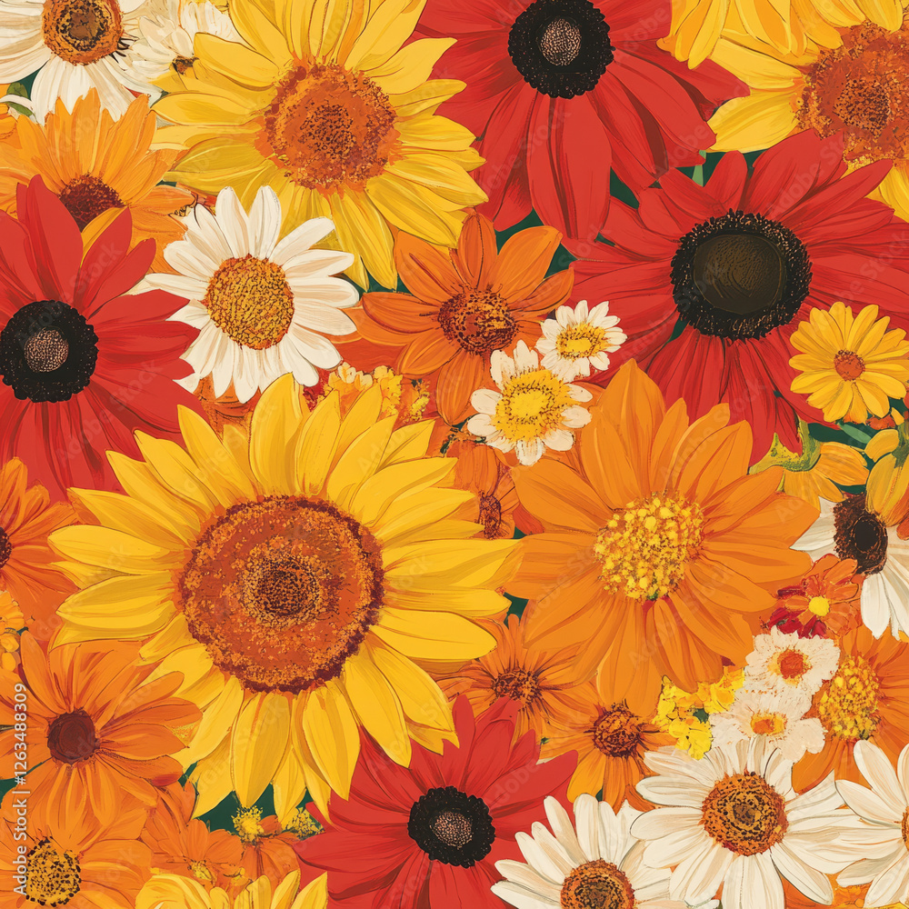 Obraz premium A bright, cheerful floral illustration with large sunflowers, marigolds, and daisies in vibrant colors like yellow, orange, and red. The playful design creates an uplifting and warm atmosphere.