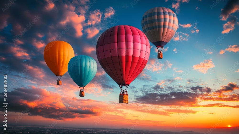 Colorful Balloons Floating Against a Stunning Sunset Sky Colorful Balloons Floating Against a Stunning Sunset Sky