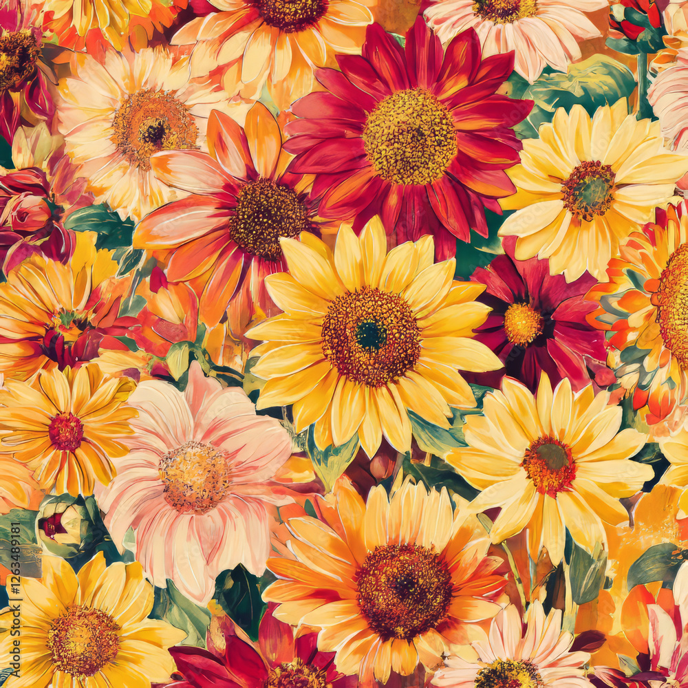 Obraz premium A bright and energetic floral illustration with large, vivid sunflowers, daisies, and marigolds in shades of yellow, orange, and red. The lively design brings warmth and cheer to any design project,