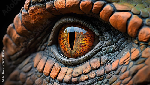 hyperrealistic closeup of trex eye reptilian texture fierce gaze prehistoric jungle reflection dramatic lights paleontologyinspired element photo