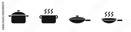 Cooking pan. Frying pan and pan set icons. Cooking , Roasting food icons.