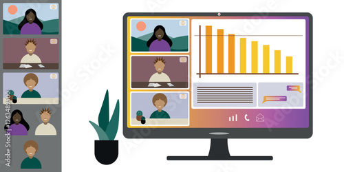 Video call conference, working from home. Colleagues of different nationalities and ages talk to each other on computer screen. Isolated illustration on white background in flat style trendy colors