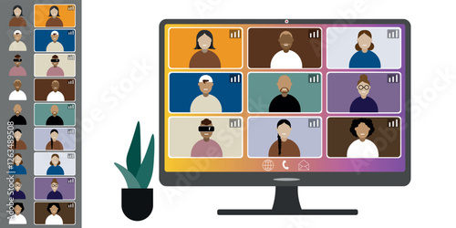 Video call conference, working from home. Colleagues of different nationalities and ages talk to each other on computer screen. Isolated illustration on white background in flat style trendy colors