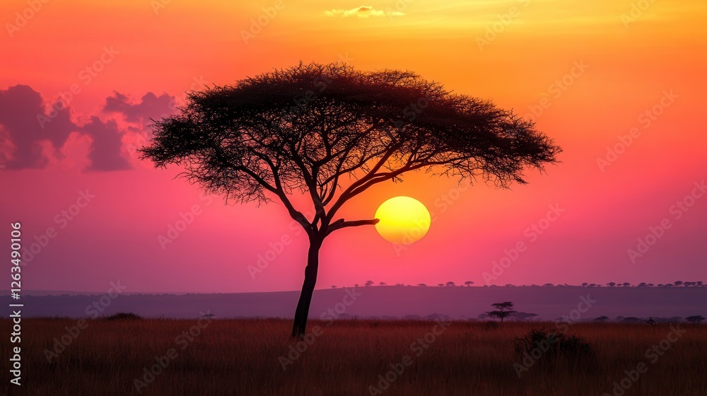 A stunning sunset illuminates the savannah, casting vibrant colors across the sky, with a solitary tree silhouetted in the foreground.