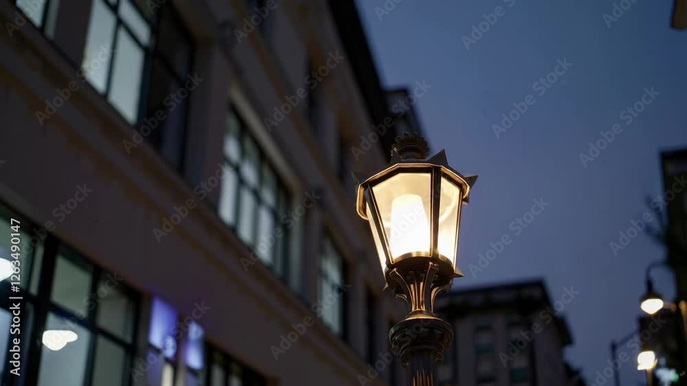 As twilight embraces the evening city, an antique lamppost softly illuminates the cobblestone pavement and grand facades, large windows aglow, creating an atmosphere of calm mystery against the darken As twilight embraces the evening city, an antique lamppost softly illuminates the cobblestone pavement and grand facades, large windows aglow, creating an atmosphere of calm mystery against the darken