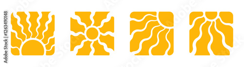 Yellow Sun Collection. Doodle sun shapes. Sun shapes. Sun and wavy rays. Yellow isun icons. Sun vector elements