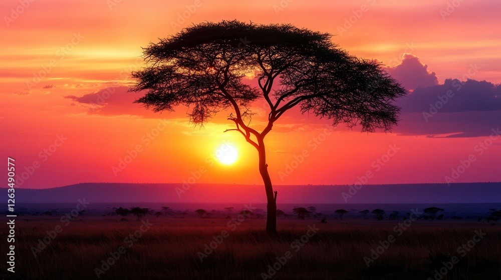 A stunning sunset casts vibrant colors over the savannah, featuring a solitary tree silhouetted against the dramatic sky in the foreground. A stunning sunset casts vibrant colors over the savannah, featuring a solitary tree silhouetted against the dramatic sky in the foreground.