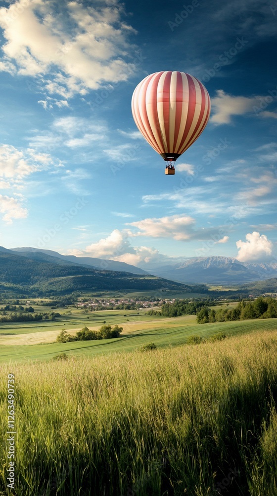 Obraz premium Hot air balloon over valley, sunset. Travel poster
