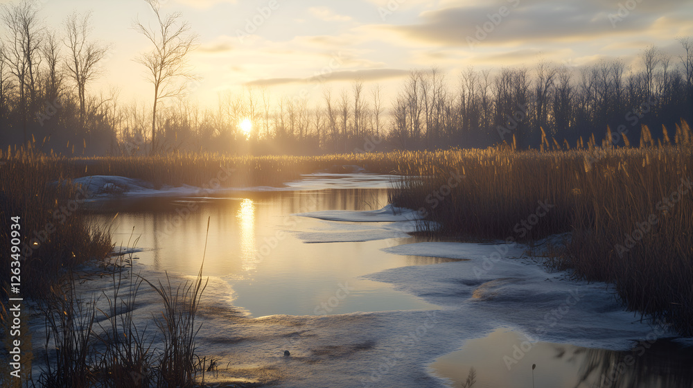 Half-frozen marsh with melting ice and early spring reeds