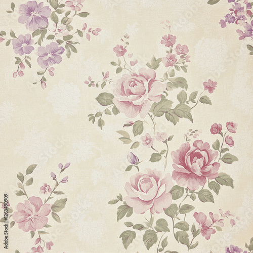 A vintage floral illustration with soft, faded roses and peonies in pastel pinks, lavender, and cream. The delicate detailing and washed-out colors evoke a nostalgic, timeless charm.