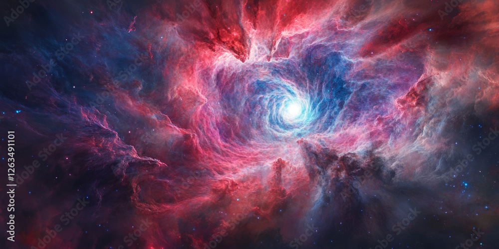Obraz premium A massive cosmic eye nebula, its vibrant center glowing like a pupil, surrounded by swirling clouds of red, blue, and white gas.