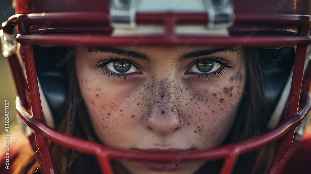 A portrait of a girl defensive player in action stance, helmet on, eyes locked on the ball carrier, showing fierce focus and readiness A portrait of a girl defensive player in action stance, helmet on, eyes locked on the ball carrier, showing fierce focus and readiness