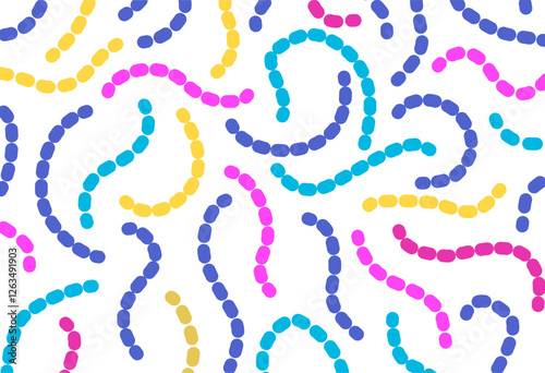 Abstract pattern with colorful dotted curved lines on a white background. Playful, modern, and dynamic design for textile, wallpaper, and decor.