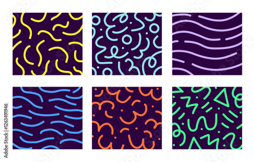 Set of six abstract patterns with colorful hand-drawn squiggles, waves, and geometric shapes on a dark background. Perfect for fabric, wallpaper, or digital design.