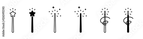 Magic wand icons. Magic wand illustration. Wizard tool. Magic and miracle symbols. Wizard stick vector icons