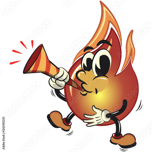 cute fire vektor illustration mascot character blow the party horn trumpet, work of hand drawn