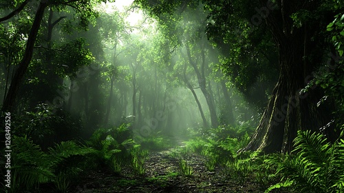 A wild and untamed jungle with thick underbrush, towering trees, and the distant calls of exotic birds photo