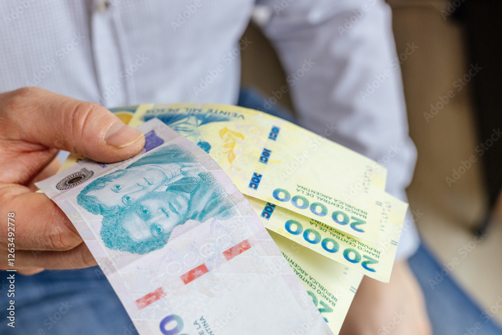 Argentina new banknotes. businessman holding argentine pesos in hand. 10 and 20 thousand, big cash. financial business concept. economic growth