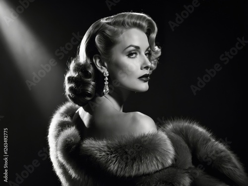 Vintage black and white portrait of a glamorous woman with elegant hairstyle and fur wrap showcasing classic beauty and sophistication