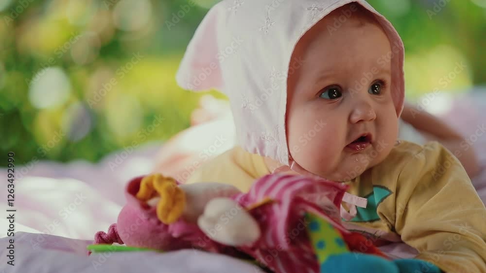 Cute baby in pink bonnet lies on soft blanket outdoors, close up portrait. Gazing curiously while holding plush toy. Green foliage against background, warm and sunny. Adorable infant looking Cute baby in pink bonnet lies on soft blanket outdoors, close up portrait. Gazing curiously while holding plush toy. Green foliage against background, warm and sunny. Adorable infant looking