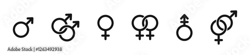 Gender symbol set. Sex genders. Gender vector icons. Male, Female, Gay, Lesbian, Bisexual, Transgender, Hetero, Non-Binary, Intersex. Gender silhouettes.