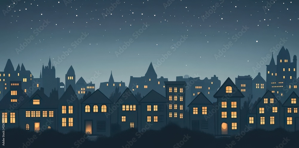 Illustration of city skyline with illuminated windows on a starry night Illustration of city skyline with illuminated windows on a starry night