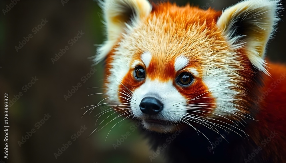 Obraz premium Portrait of a red panda, focusing on her inquisitive eyes, fluffy striped tail, and the vibrant tones of her fur, with a blurred woodland background