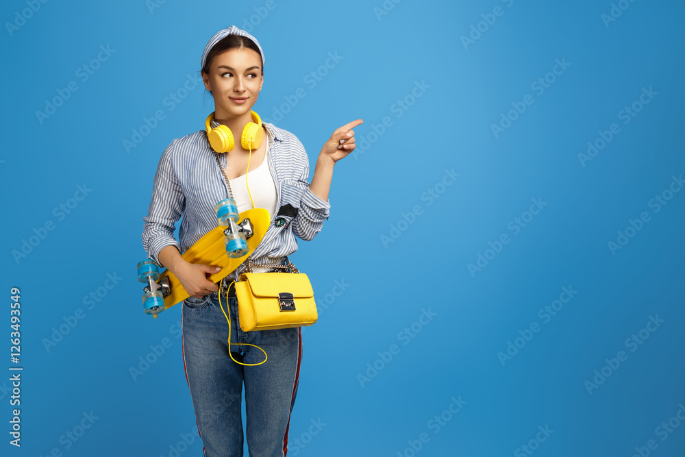 Gorgeous young woman with yellow headphones posing with skateboard and point finger away over blue background Gorgeous young woman with yellow headphones posing with skateboard and point finger away over blue background